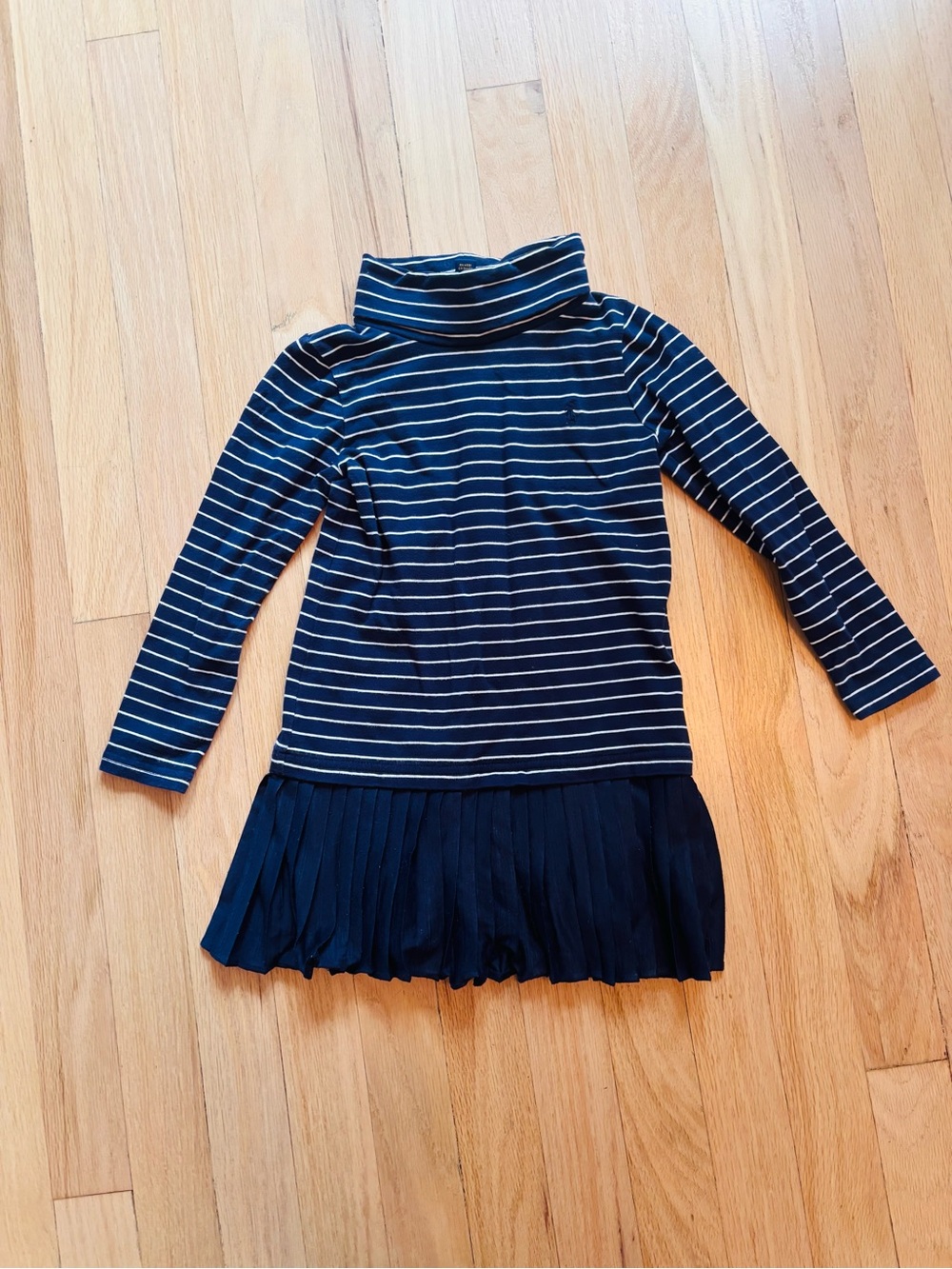 Polo by Ralph Lauren Striped Navy Turtleneck Dress with Pleated Hem Size: 4/4T